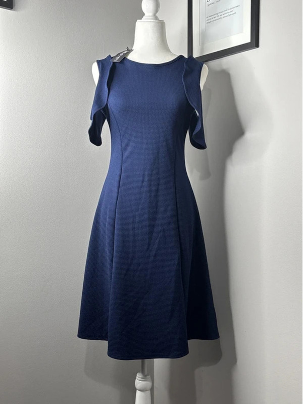 24seven Comfort Apparel Navy Blue Cold Shoulder Fit & Flare Dress Medium NWT